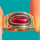Georgian 15ct Gold Garnet Cabochon Black Enamel Ring, Inscribed 1800