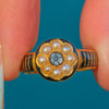 Fine 18ct Gold Carved Agate Forget-Me-Not Flower, Black Enamel, Natural Pearl Mourning Ring