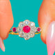 18ct Gold Ruby Diamond Flower Cluster Ring, Ruby Shoulders